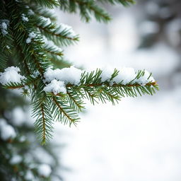 A large green spruce branch elegantly draped with delicate snowflakes, creating a serene winter scene
