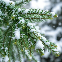 A large green spruce branch elegantly draped with delicate snowflakes, creating a serene winter scene