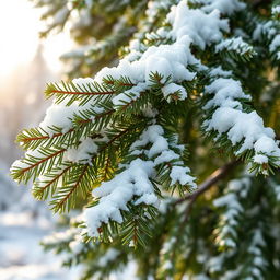 A large green fir tree branch dusted with fluffy white snowflakes, creating a wintery and serene atmosphere