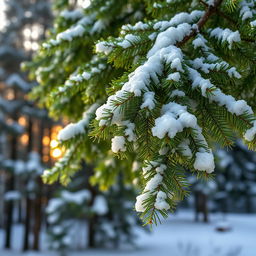 A large green fir tree branch dusted with fluffy white snowflakes, creating a wintery and serene atmosphere