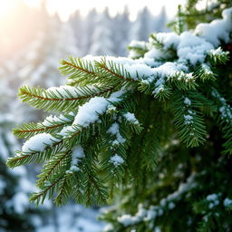 A large green fir tree branch dusted with fluffy white snowflakes, creating a wintery and serene atmosphere