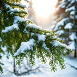 A large green fir tree branch dusted with fluffy white snowflakes, creating a wintery and serene atmosphere