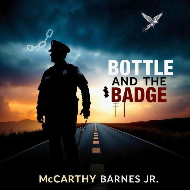 A visually striking book cover design featuring the silhouette of a police officer holding a chain, set against a dramatic sunset backdrop with dark clouds and a hint of blue sky