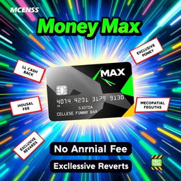 A vibrant and eye-catching advertisement for the new credit card named 'Money Max'