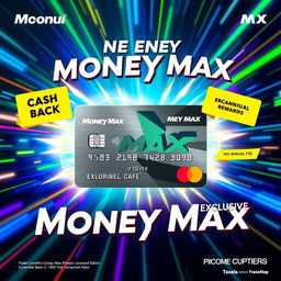 A vibrant and eye-catching advertisement for the new credit card named 'Money Max'