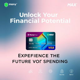 A sleek, modern advertisement for a brand-new credit card named 'Money Max'