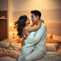 A romantic scene in a cozy bedroom, featuring a Chinese man in soft, comfortable pajamas, tenderly hugging and kissing a beautiful, sexy woman