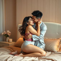 A romantic scene in a cozy bedroom, featuring a Chinese man in soft, comfortable pajamas, tenderly hugging and kissing a beautiful, sexy woman