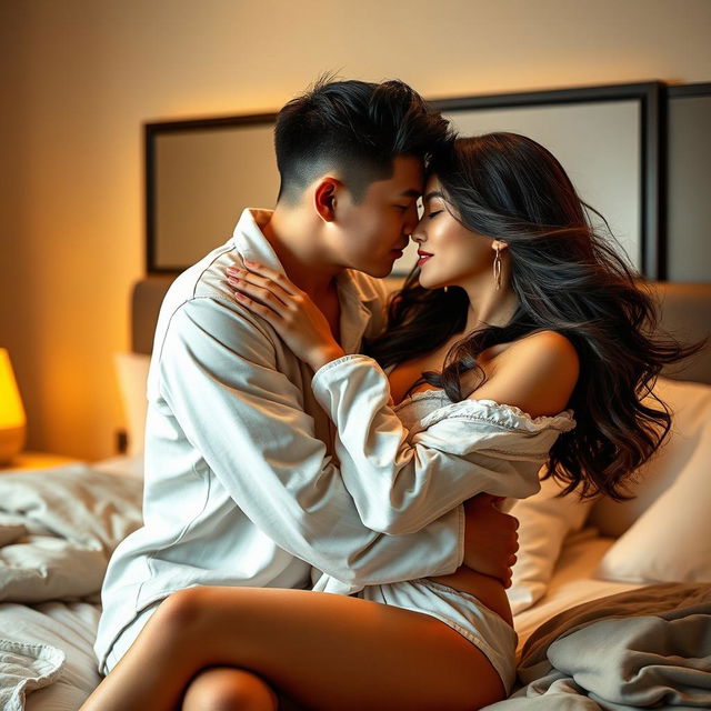 A romantic scene in a cozy bedroom, featuring a Chinese man in soft, comfortable pajamas, tenderly hugging and kissing a beautiful, sexy woman