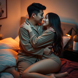 A romantic scene in a cozy bedroom, featuring a Chinese man in soft, comfortable pajamas, affectionately hugging and kissing a beautiful, sexy woman