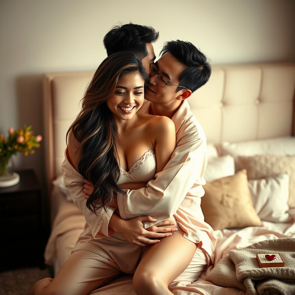 A romantic scene in a cozy bedroom, featuring a Chinese man in soft, comfortable pajamas, affectionately hugging and kissing a beautiful, sexy woman