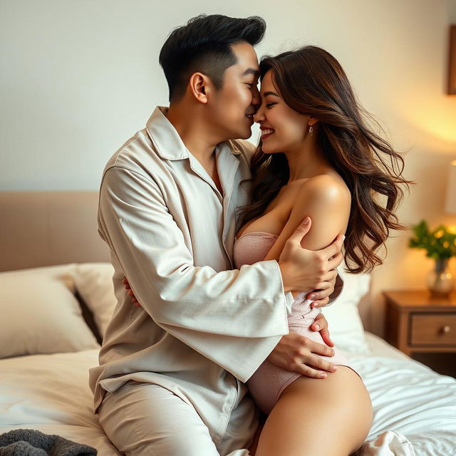 A romantic scene in a cozy bedroom, featuring a Chinese man in soft, comfortable pajamas, affectionately hugging and kissing a beautiful, sexy woman