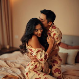 A warm and intimate scene set in a stylish bedroom, featuring a Chinese man in cozy, printed pajamas, affectionately hugging and kissing a stunning, sexy woman