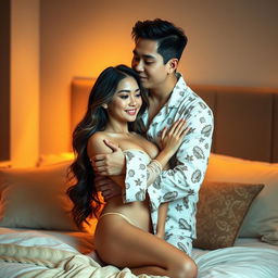 A warm and intimate scene set in a stylish bedroom, featuring a Chinese man in cozy, printed pajamas, affectionately hugging and kissing a stunning, sexy woman
