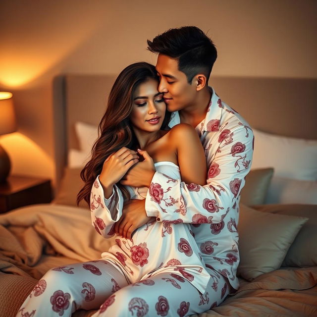 A warm and intimate scene set in a stylish bedroom, featuring a Chinese man in cozy, printed pajamas, affectionately hugging and kissing a stunning, sexy woman