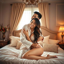 A romantic and intimate scene set in a beautifully decorated bedroom, showcasing a Chinese man in soft, relaxed pajamas, gently hugging and kissing a stunning, sexy woman