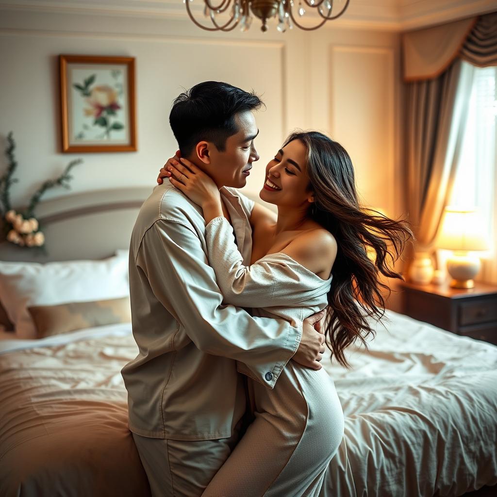 A romantic and intimate scene set in a beautifully decorated bedroom, showcasing a Chinese man in soft, relaxed pajamas, gently hugging and kissing a stunning, sexy woman