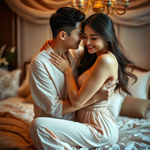 A romantic and intimate scene set in a beautifully decorated bedroom, showcasing a Chinese man in soft, relaxed pajamas, gently hugging and kissing a stunning, sexy woman