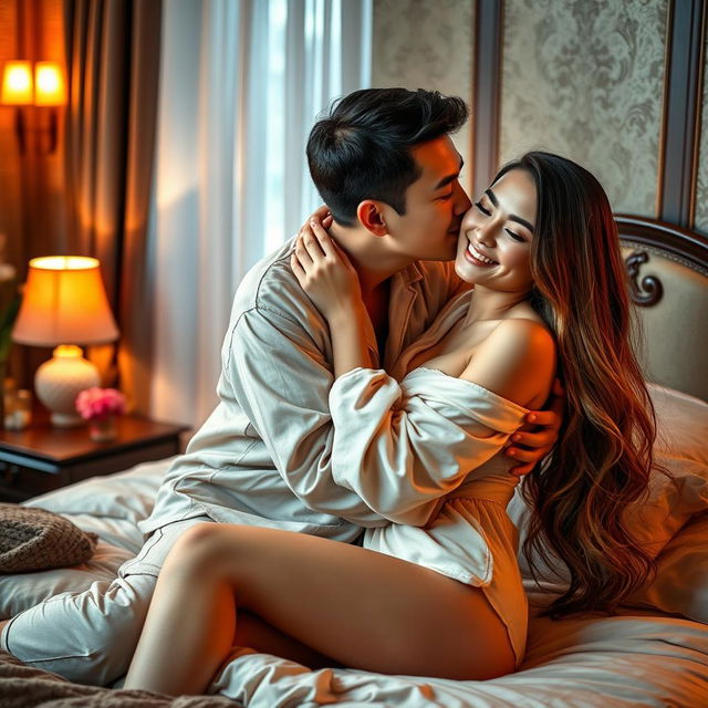 In a cozy and elegantly decorated bedroom, a Chinese man is affectionately hugging and kissing a beautiful, sexy woman