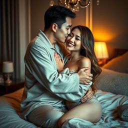 In a cozy and elegantly decorated bedroom, a Chinese man is affectionately hugging and kissing a beautiful, sexy woman