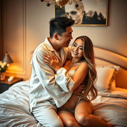 In a cozy and elegantly decorated bedroom, a Chinese man is affectionately hugging and kissing a beautiful, sexy woman