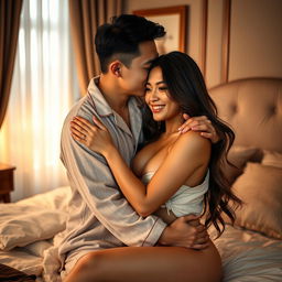 In a cozy and elegantly decorated bedroom, a Chinese man is affectionately hugging and kissing a beautiful, sexy woman