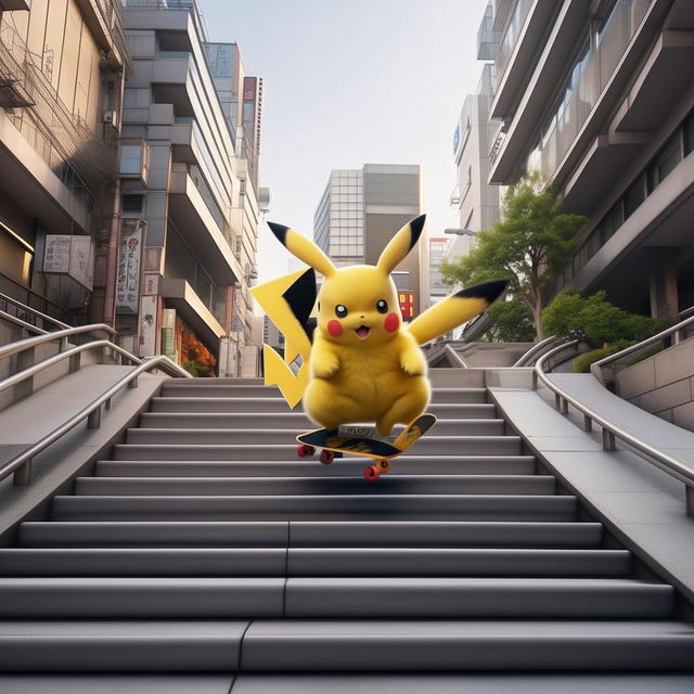 Pikachu performing a tre flip with a skateboard down an imposing stair set in the heart of Tokyo