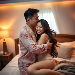 In a beautifully decorated bedroom, a Chinese man wearing comfortable, colorful pajamas passionately hugs and kisses a beautiful, sexy woman