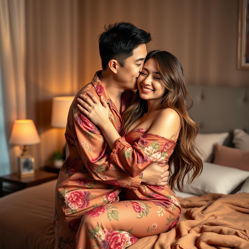 In a beautifully decorated bedroom, a Chinese man wearing comfortable, colorful pajamas passionately hugs and kisses a beautiful, sexy woman