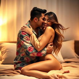 In a beautifully decorated bedroom, a Chinese man wearing comfortable, colorful pajamas passionately hugs and kisses a beautiful, sexy woman