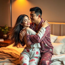 In a beautifully decorated bedroom, a Chinese man wearing comfortable, colorful pajamas passionately hugs and kisses a beautiful, sexy woman