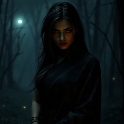 A horror-themed scene featuring an alluring woman wearing a traditional saree, her expression haunting yet captivating