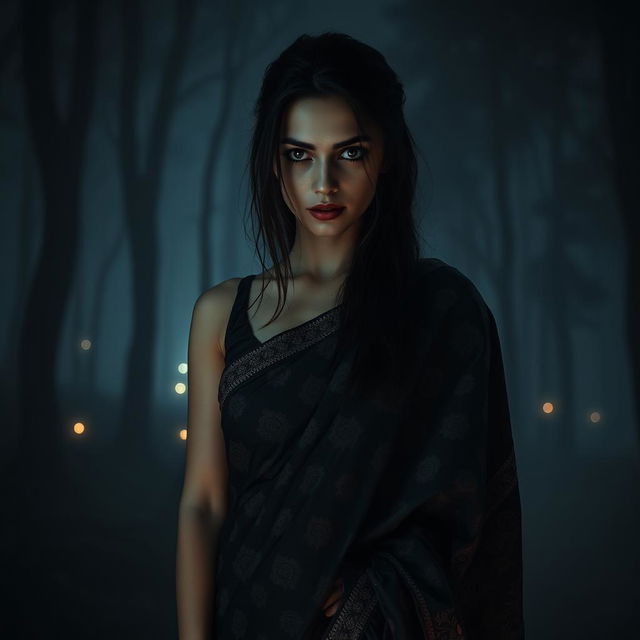 A horror-themed scene featuring an alluring woman wearing a traditional saree, her expression haunting yet captivating