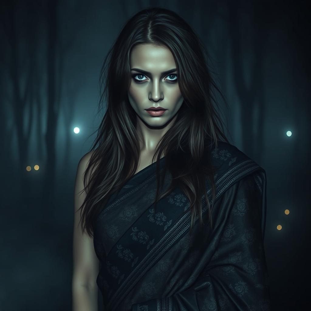 A horror-themed scene featuring an alluring woman wearing a traditional saree, her expression haunting yet captivating