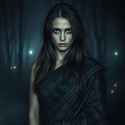 A horror-themed scene featuring an alluring woman wearing a traditional saree, her expression haunting yet captivating