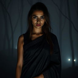 A horror-themed scene featuring an alluring woman wearing a traditional saree, her expression haunting yet captivating
