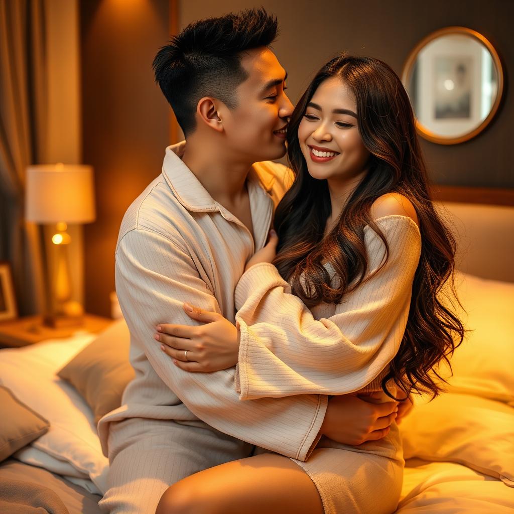 In a warmly lit and tastefully styled bedroom, a Chinese man clad in comfortable pajamas is seen tenderly hugging and kissing a beautiful, sexy woman