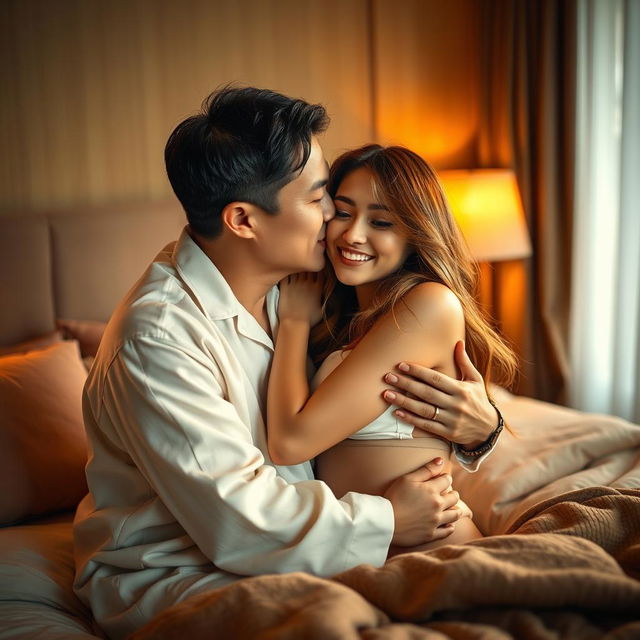 In a warmly lit and tastefully styled bedroom, a Chinese man clad in comfortable pajamas is seen tenderly hugging and kissing a beautiful, sexy woman