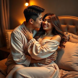 In a warmly lit and tastefully styled bedroom, a Chinese man clad in comfortable pajamas is seen tenderly hugging and kissing a beautiful, sexy woman