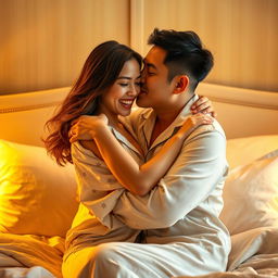 In a warmly lit and tastefully styled bedroom, a Chinese man clad in comfortable pajamas is seen tenderly hugging and kissing a beautiful, sexy woman
