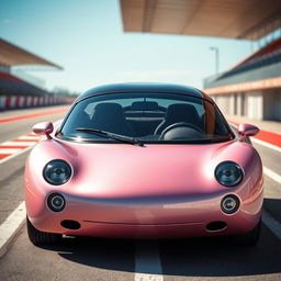A futuristic pink pearl metallic Norwegian Frogeater turbo Targa, featuring a sexy and bubbly rounded design with a gracefully curved roof