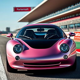 A futuristic pink pearl metallic Norwegian Frogeater turbo Targa, featuring a sexy and bubbly rounded design with a gracefully curved roof