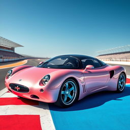 A futuristic pink pearl metallic Norwegian Frogeater turbo Targa, featuring a sexy and bubbly rounded design with a gracefully curved roof