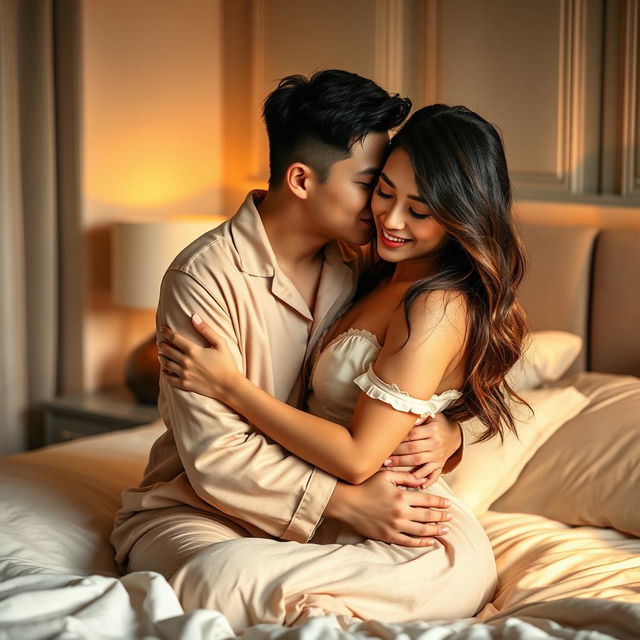 In a warmly lit, stylish bedroom, a Chinese man in soft, casual pajamas is tenderly hugging and kissing a beautiful, sexy woman