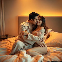 In a warmly lit, stylish bedroom, a Chinese man in soft, casual pajamas is tenderly hugging and kissing a beautiful, sexy woman