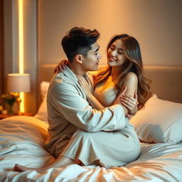 In a warmly lit, stylish bedroom, a Chinese man in soft, casual pajamas is tenderly hugging and kissing a beautiful, sexy woman