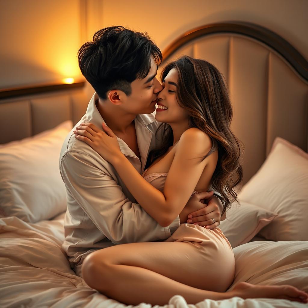 In a warmly lit, stylish bedroom, a Chinese man in soft, casual pajamas is tenderly hugging and kissing a beautiful, sexy woman