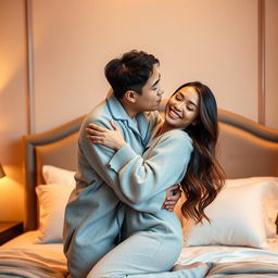 In an elegant and warmly lit bedroom, a Chinese man dressed in cozy, casual pajamas is affectionately hugging and kissing a beautiful, sexy woman