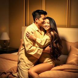 In an elegant and warmly lit bedroom, a Chinese man dressed in cozy, casual pajamas is affectionately hugging and kissing a beautiful, sexy woman