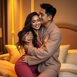 In an elegant and warmly lit bedroom, a Chinese man dressed in cozy, casual pajamas is affectionately hugging and kissing a beautiful, sexy woman